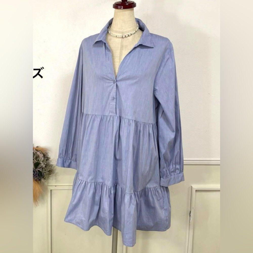 Zara Tiered Shirt Dress Light Blue - Medium